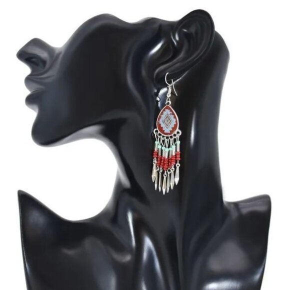 Red Boho Tribal Beaded Dangle Earrings Gypsy Ethnic Festival Jewelry Gift - Picture 3 of 4